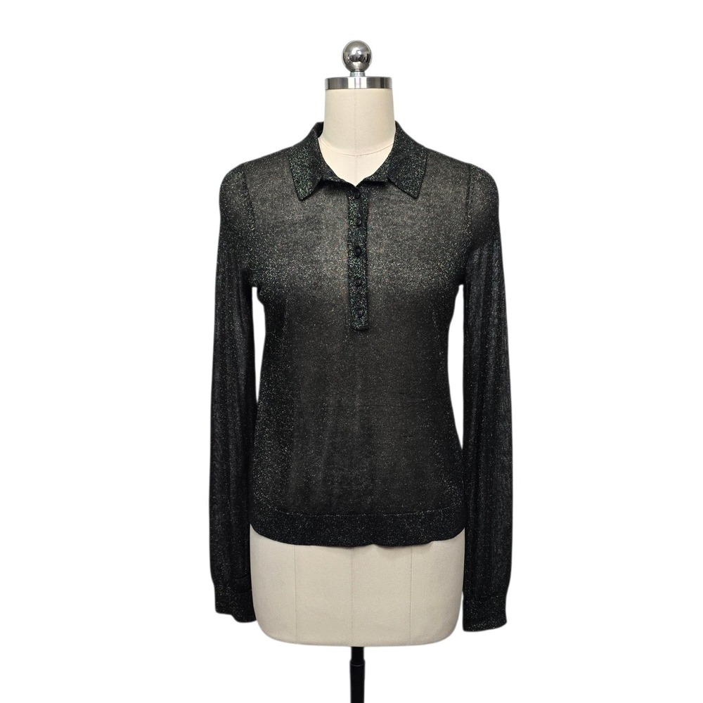 Maeve‎ Anthropologie Metallic Shimmer Sheer Polo Sweater Black Size Medium NEW